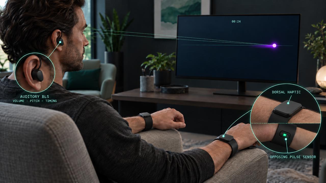 Concept of a participant using earbuds, wristbands and a large visual pulse display
